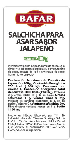 Salchicha Bafar Para Asar Sabor Jalapeño 400g