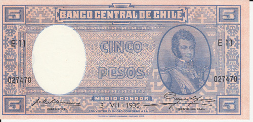 Billete Chile 5 Pesos 3 Julio 1935 Au/unc