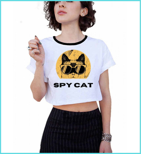  Blusa Crop Top--- Gatito Espia---cuello Blco/negro 