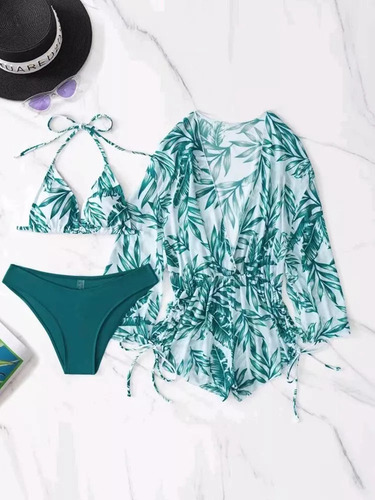 Nuevo Conjunto 3: Bikini Floral Con Kimono For Mujer De