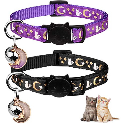 2 Collares De Gato Separables Con Campanas, Lunas, Estrellas