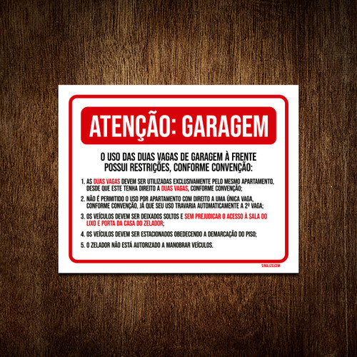 Placa Sinalização - Atenção Garagem Uso Vagas Garagem 36x46