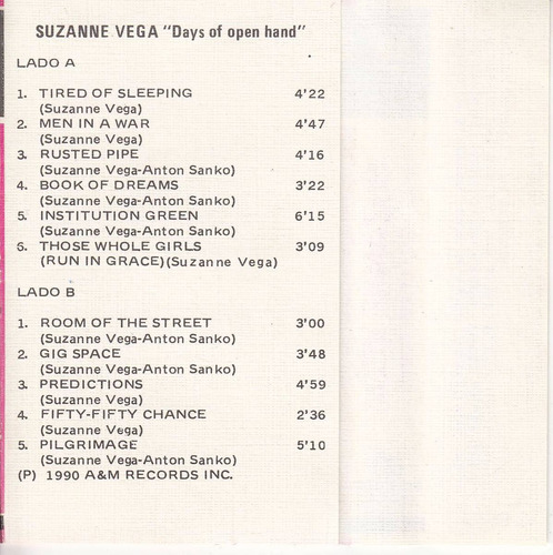 Suzanne Vega Days Open Hand Cassete Uruguay Raro Tape Folk (Usado)