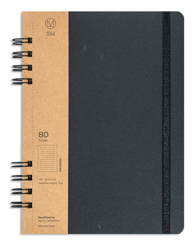 Cuaderno Negro Ecológico A5 (15x21) Anillado 80 H C/ Elást.