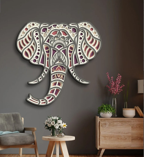 Cuadro Decorativo Rostro Elefante Mandala Hindu En Madera