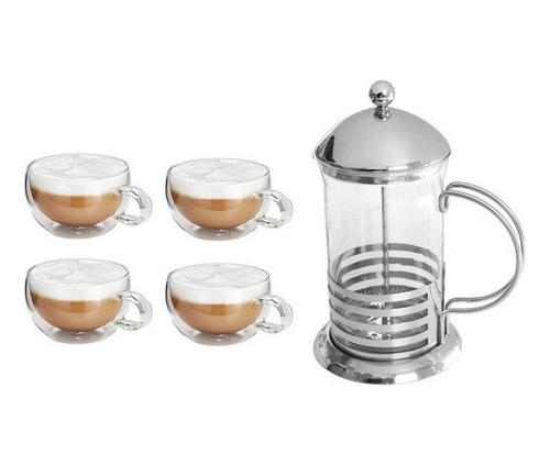 Cafetera Prensa Francesa X 600 Ml + 4 Tazas Doble Vidrio