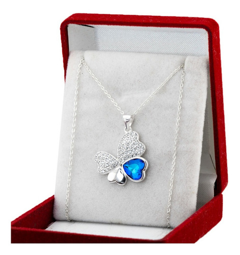 Cadena Y Dije Trébol 4 Corazones Plata 925 Piedras Cristal Color Azul