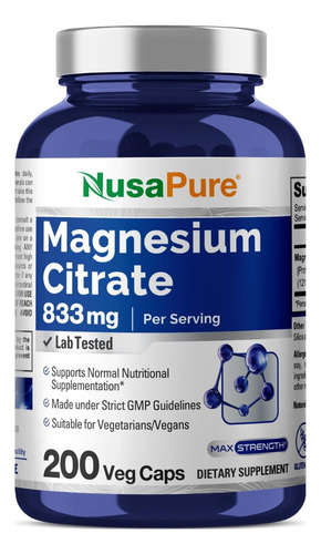 Citrato De Magnesio 833 Mg Con 200 Capsulas Hecho En Usa