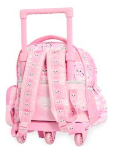 Mochila Carro Mooving Quitapesares Lovely Cat 10l Ruedas Color Fondo Rosa Diseño De La Tela Gatito Peluche Gato