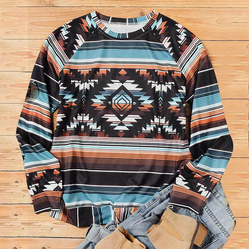 Blusa De Moda Con Cuello Redondo Y Manga Larga Estampada Par