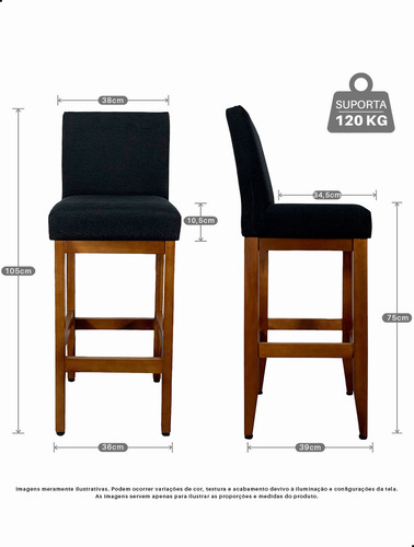 Kit 2 Banqueta Alta Com Encosto Lessul Jade Cor Linho Preto Assento 75cm Com Acabamento Verniz Canela 105cm Total Bancada Cozinha Americana Cadeira Alta Balcao Quiosque Bistro Banco Tamborete
