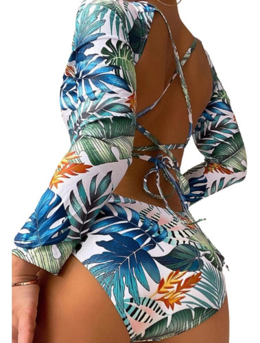 Traje De Baño Tropical De Mangas Escote Ajustable En Espalda