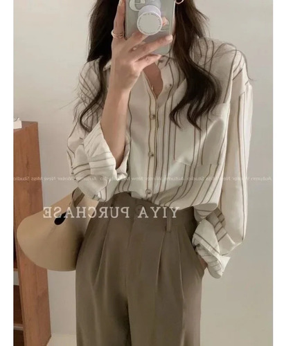 Camisa De Manga Larga Con Botones A Rayas - Top De Primavera