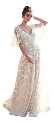 Vestido De Encaje Con Cuello En V, Estilo Floral Elegante