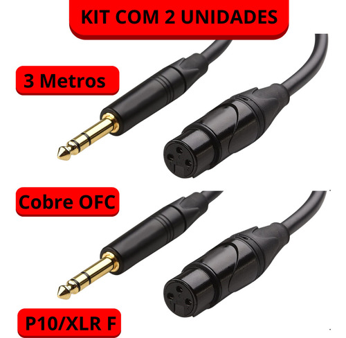 Cabo P10 Stereo Xlr Femea 3 Metros Cobre Ofc Kit 2 Un