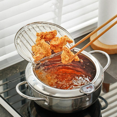 Q Olla Freidora Pequeña Tempura Con Tapa Plata 24cm Y Clip