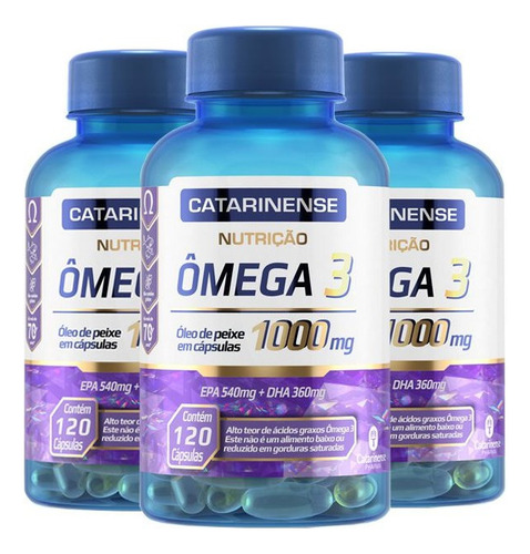Kit 3 Ômega 3 Epa 540mg Dha 360mg Catarinense 120 Cápsulas Sabor Sem Sabor