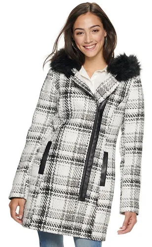Abrigo Chaqueta Gaban Capota Peluche Cuadros Blanco Y Negro Faux Fur Mujer Talla Xs