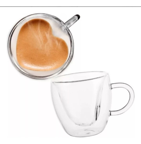 Kit 2 Xícaras De Café Parede Dupla Boro Coração 140ml Tranparente