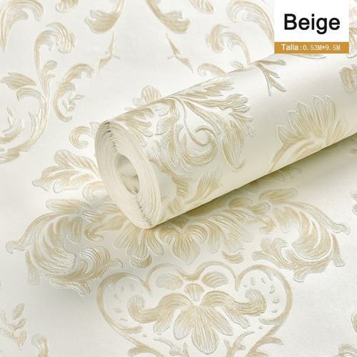 Imagen 2 de 6 de Papel Tapiz Estilo Damasco Europeo Con Relieve Pared Beige