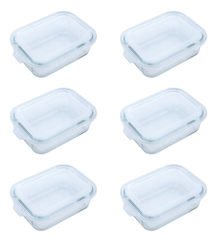 6 Potes De Vidro Retangular Com Tampa 370ml Para Geladeira