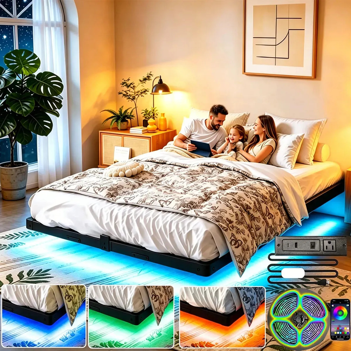 Base Cama Queen Flotante con Luz LED y Estación de Carga USB(1895*1361*203 cm)