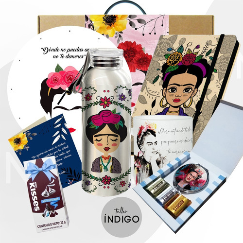 Caja  Regalo Frida Kahlo / Botella Metálica + Reloj