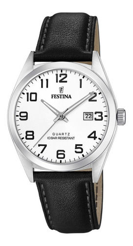 Reloj pulsera Festina F20446 con correa de cuero color negro - fondo blanco - bisel plateado