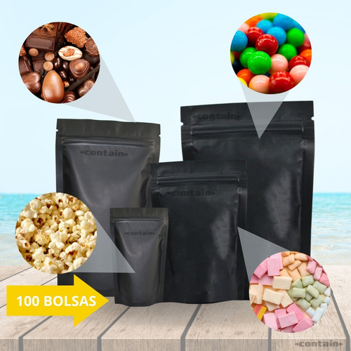 100 Bolsas Stand Up Pouch Con Cierre Negro Mate De 500 Grs