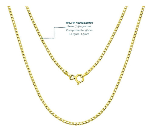 Corrente De Ouro 18k Grossa Veneziana De 1,3mm Com 50cm Cor Amarelo
