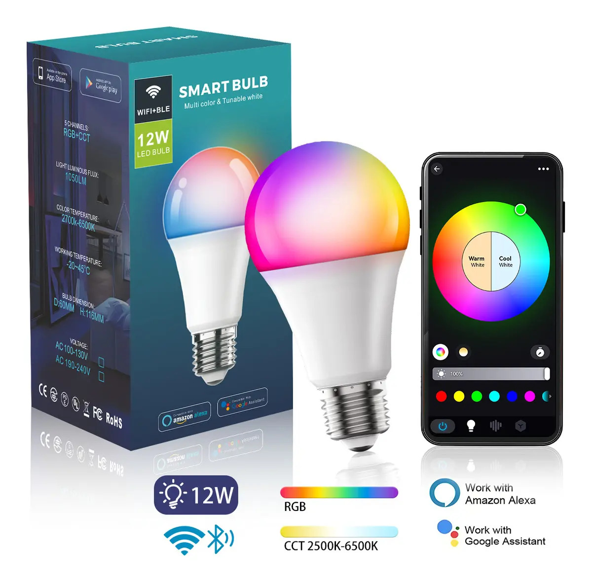 Focos Led 12w FYIUIN Wifi Inteligente Luz Led Para Alexa Rgbcw Luces E26 Focos , Control Remoto De Briturn App Y Control De Voz, Focos Inteligente Compatible Con Ios, Android, Alex