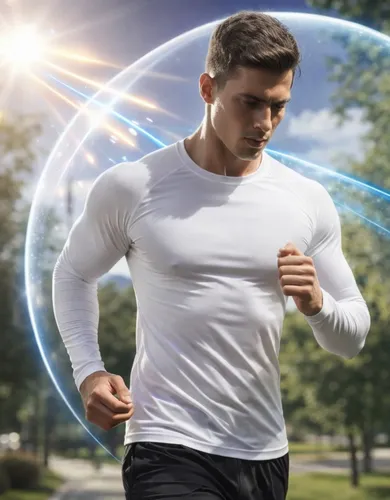 Homem correndo ao ar livre com camiseta branca de manga longa e proteção UV.
