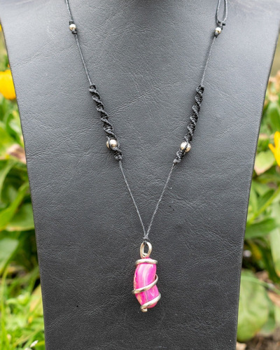 Piedra Ágata Rosa Engarzada Dije Con Macramé