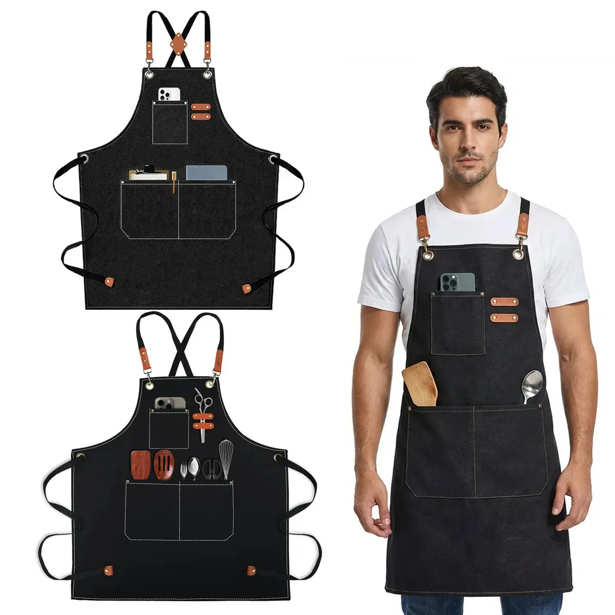 2pzs Mandil Cocina Ajustable Lona Para Chef-barbacoa-barista Color Negro