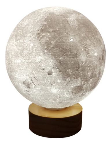 Lámpara Luna 3d Led Luz Cálida Base Madera, Decorativa Marrón Claro Blanco