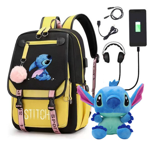 Two-piece Set,cute Stildy Usb Audífonos Mochila De Hombro