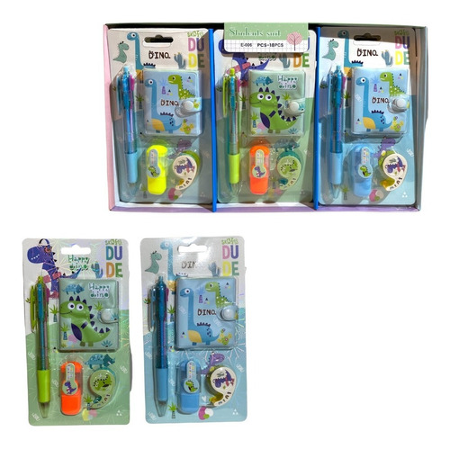 Set Escolar Infantil Dinosaurios Kit 4 Piezas Utiles