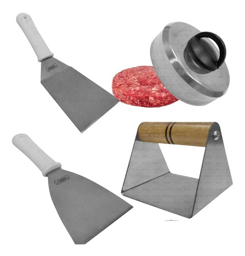 Kit Lanches Smasheira Com Abafador E 2 Espatulas Hamburgue Cor Prateado