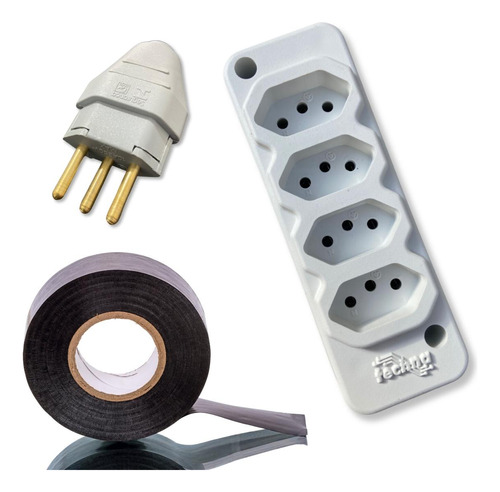 Tomada 2p Plug Extensão 4 Entradas Barra Fita Isolante Preta