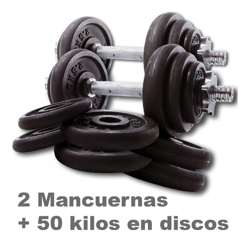 Kit 2 Mancuernas Roscadas 50 Kilos En Discos Fundicion Cuota