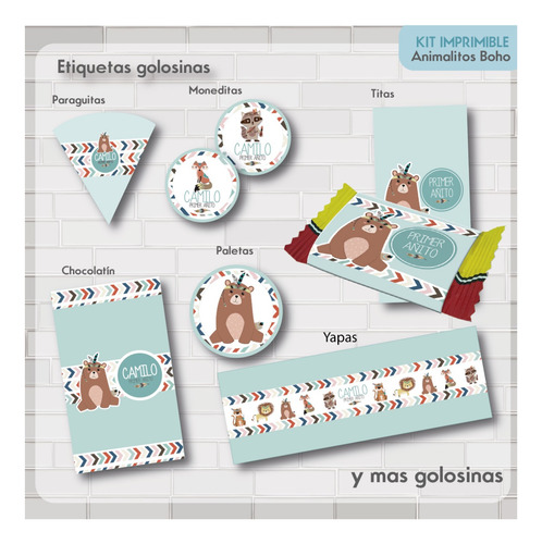 Imprimible Candy Bar Animalito Boho Nordico Primer Año Osito