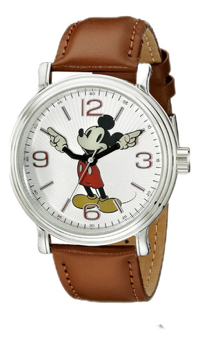 Reloj De Pulsera Disney W001852 De Cuerpo Color Plateado, Analógico, Fondo Blanco, Con Correa De Piel Color Marrón Claro, Bisel Color Plateado Y Hebilla Simple