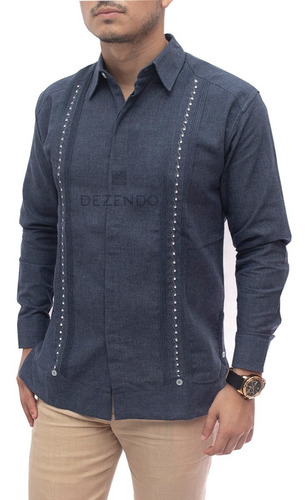 Imagen 2 de 5 de Guayabera Mod. Dzilam M/larga Con Bordado Dirigido Artesanal