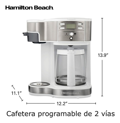 Hamilton Beach 49933 - Cafetera programable de goteo de 2 vías y máquina de una sola porción, jarra de vidrio, pausa y vierte automáticamente, color blanco