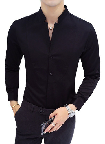 Camisa De Cuello Mandarín Para Hombre Camisa De Manga Larga