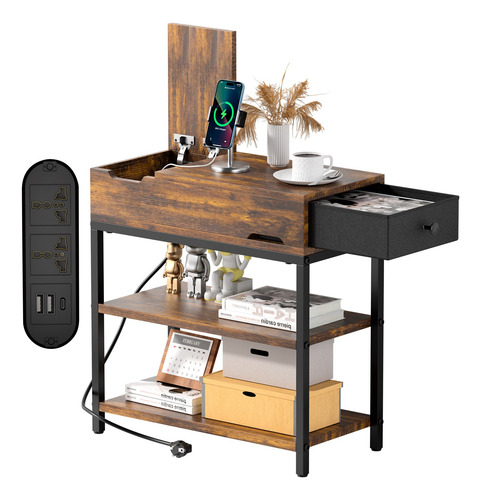 Mesa Auxiliar 3 Niveles Estilo Industrial Con Enchufe