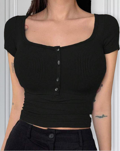 Blusa Mujer Ajustada Casual Moda Con Botones Manga Corta