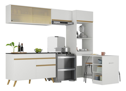 Armário De Cozinha Compacta 252cm Veneza Multimóveis V3704 Cor Branco/Dourado