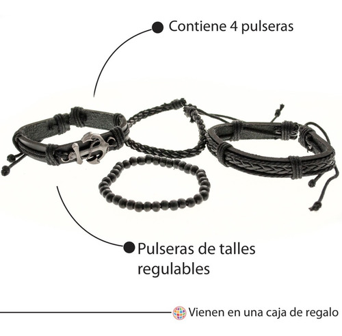 Imagen 3 de 7 de Pulsera Hombre Conjunto 4 En 1 Dije Ancla Cuero Autentico
