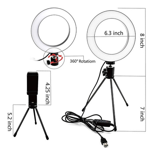 Imagen 1 de 4 de Aro De Luz Led 20cm 3 Tonos + Tripode + Soporte Celular